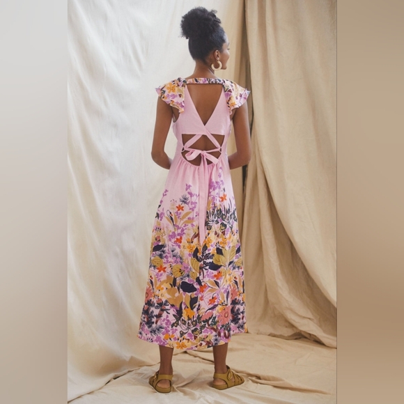 Anthropologie Pink Floral Ruffled Maxi Dress Large $180